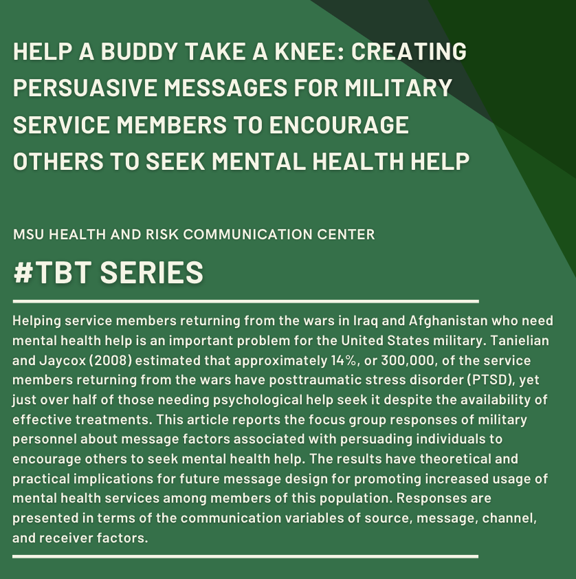 Help a Buddy Take a Knee: Creating Persuasive Messages for Military Service Members to Encourage Others to Seek Mental Health Help